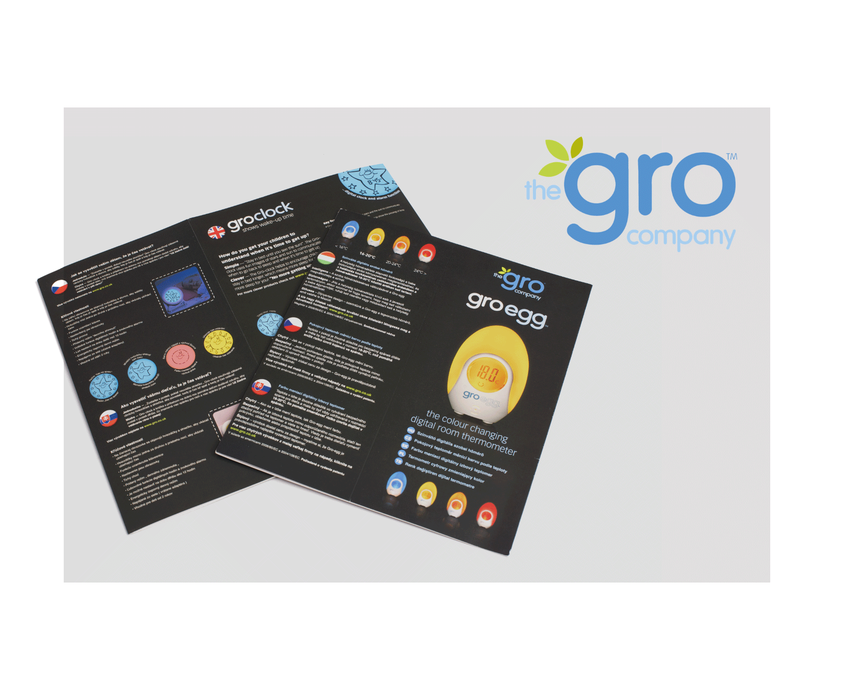 Two brochures for the gro company are sitting on a table.