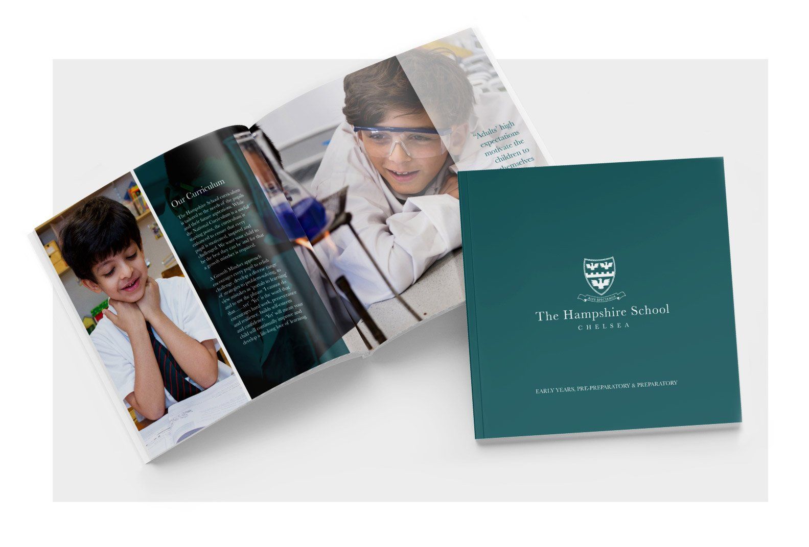 A book is open to a page with a boy wearing goggles.