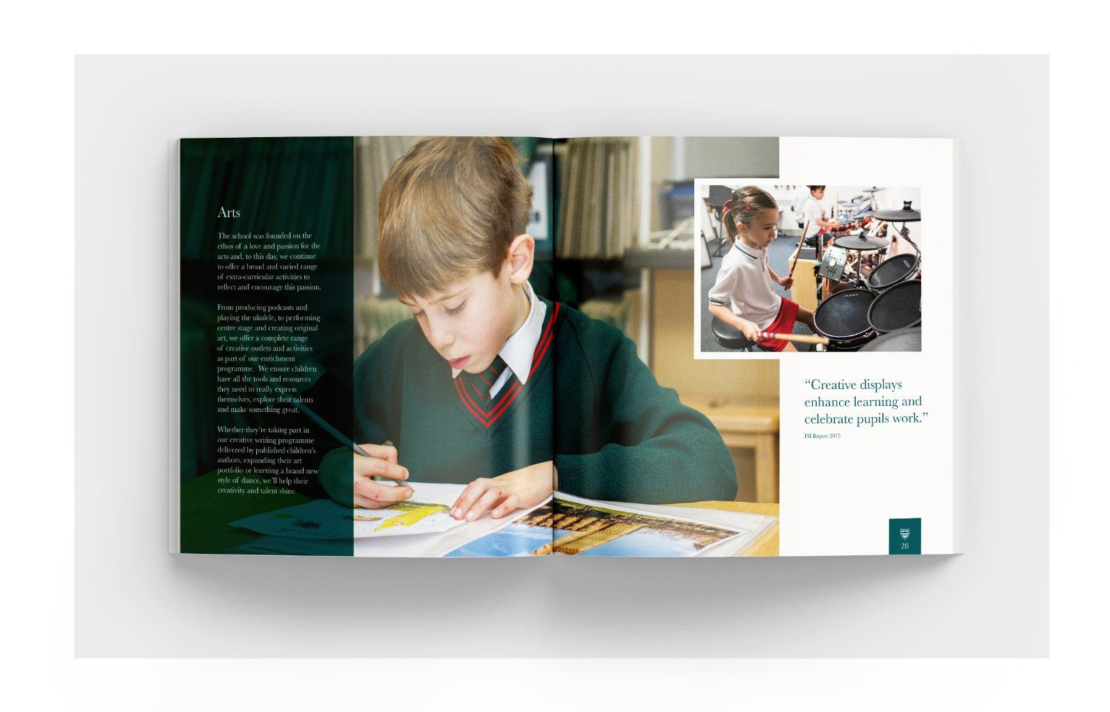 A book is open to a page with a picture of a boy sitting at a desk.