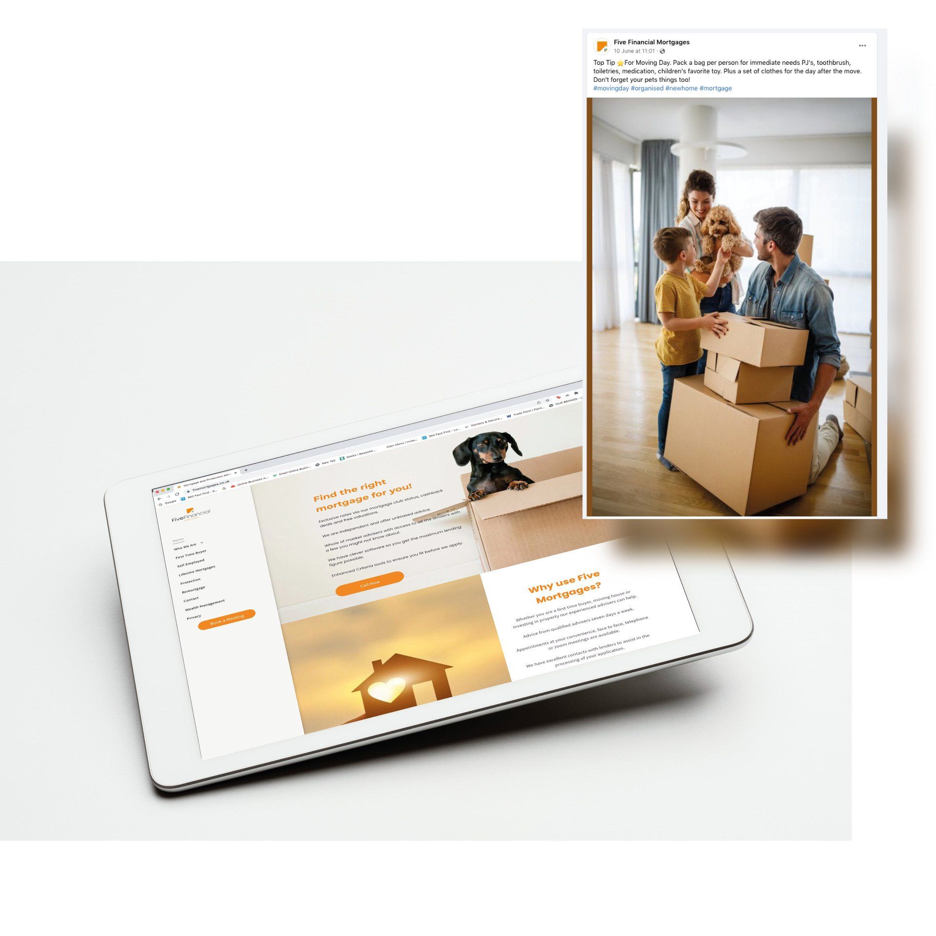 A tablet is sitting next to a picture of a family moving into a new home.