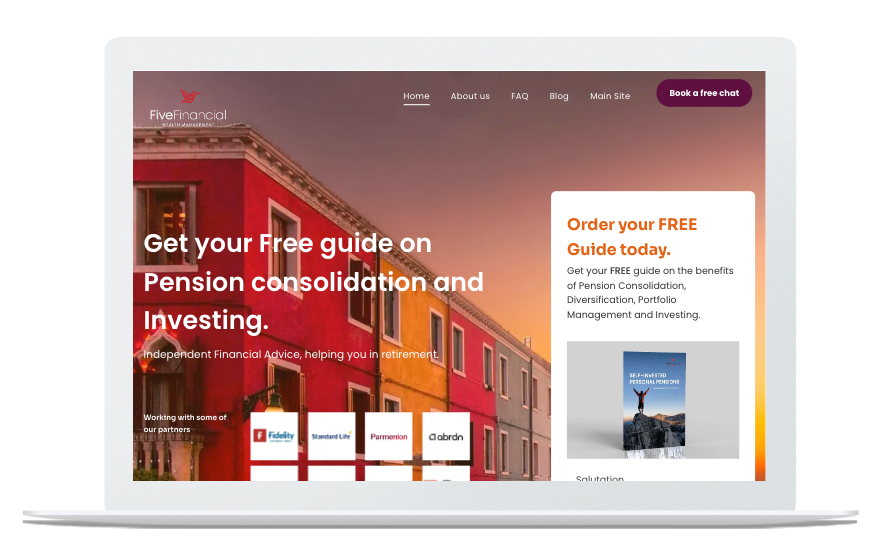 A laptop is open to a website that says `` get your free guide on pension consolidation and investing ''.