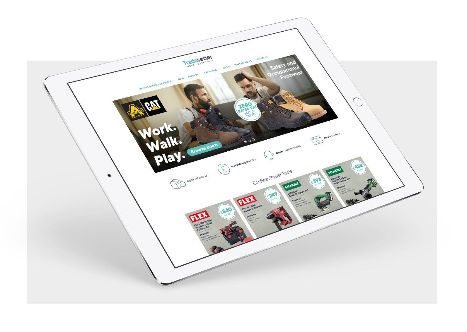 A tablet with a website on it is sitting on a table.