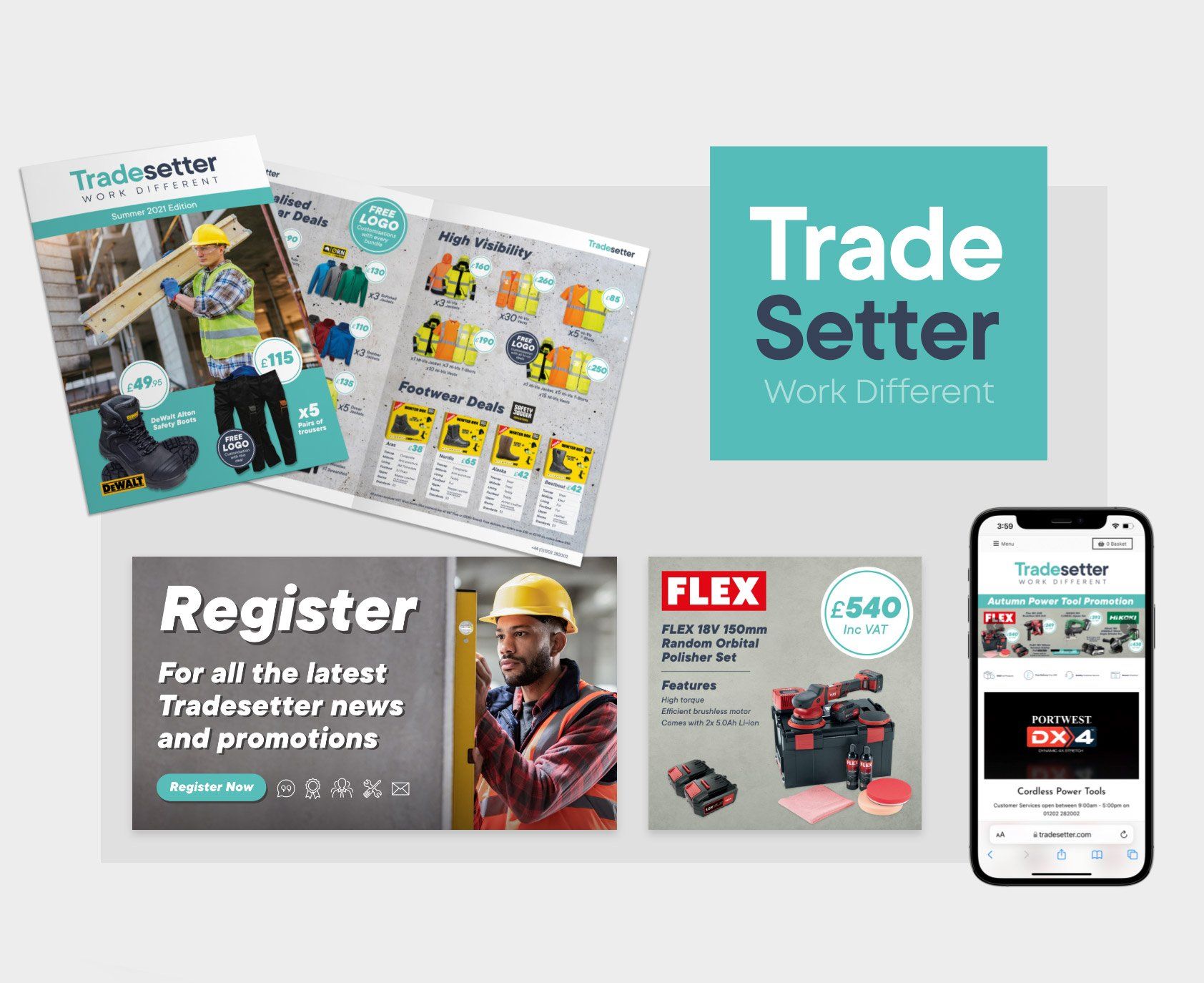 A trade setter advertisement with a phone and a brochure.