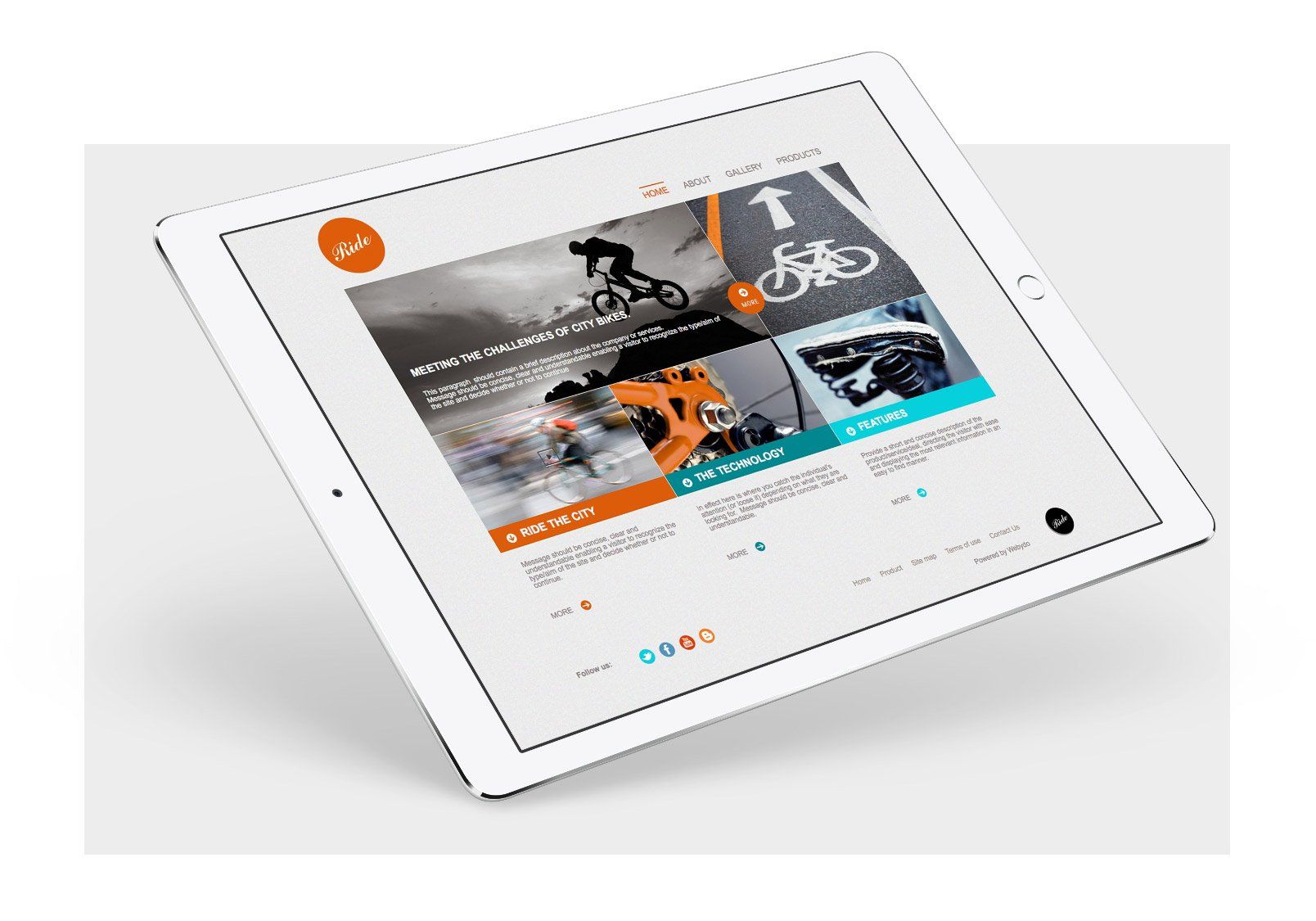 A tablet with a bicycle on the screen is sitting on a table.