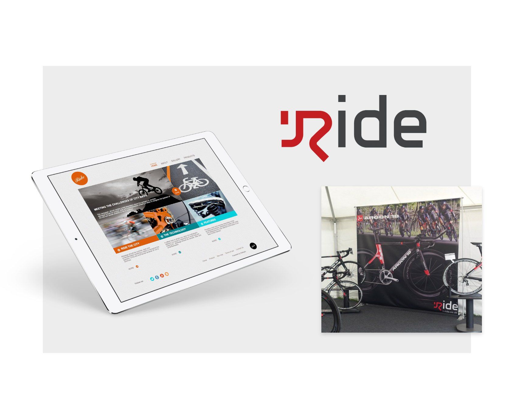 A tablet is sitting on a table next to a picture of a bicycle.