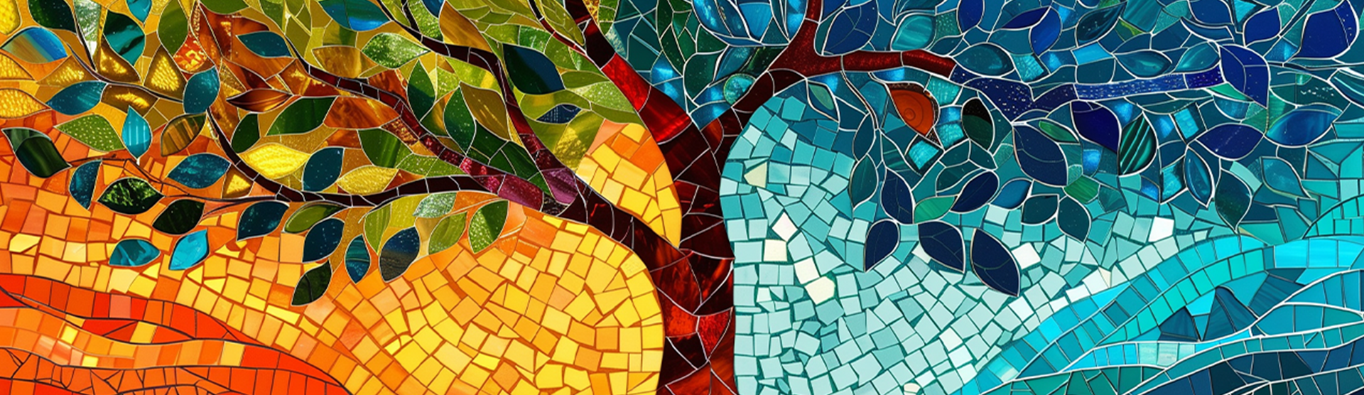 Colorful mosaic tree with roots and branches spreading across warm orange and cool blue background