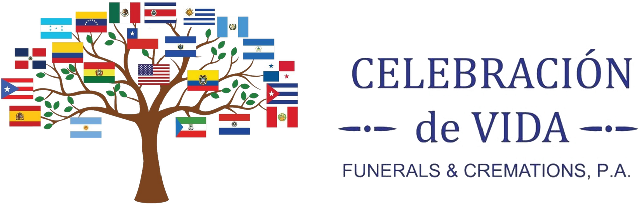 Logo for Celebración de Vida funeral and cremation services with a tree made of colorful flags