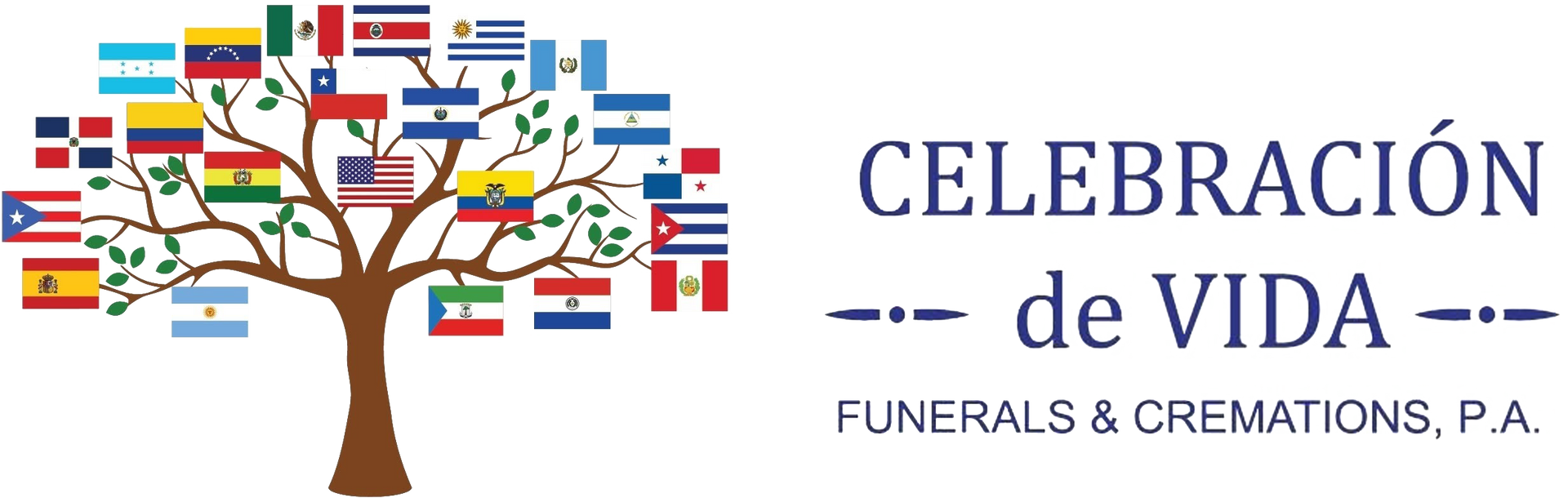 Logo for Celebración de Vida funeral and cremation services with a tree made of colorful flags
