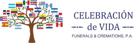 Logo for Celebraci&oacute;n de Vida funeral and cremation services with a tree made of colorful flags