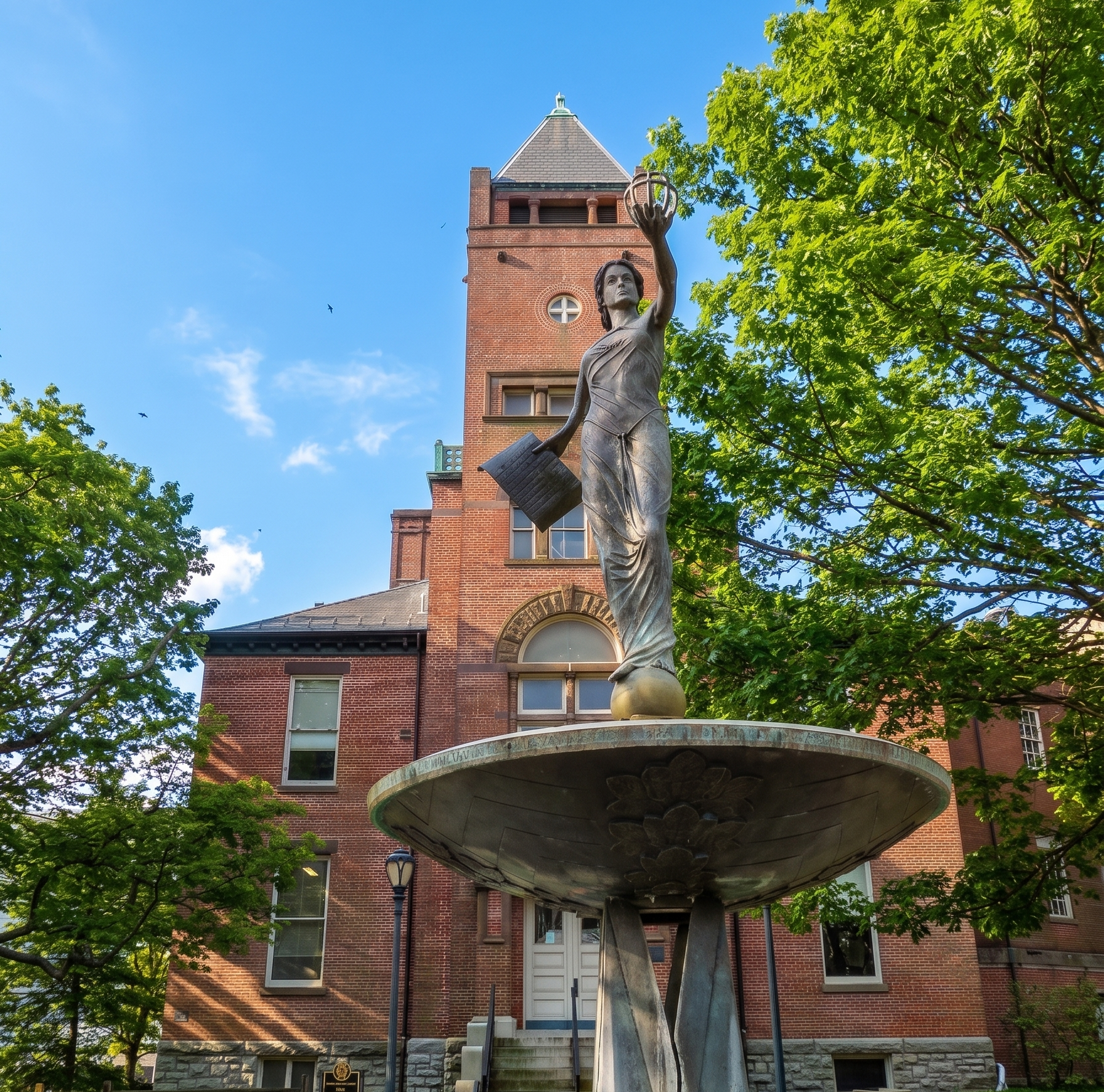 Brick tower with a fountain sculpture in front, framed by green trees under a blue sky