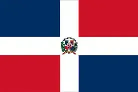 Dominican Republic flag with red, white, and blue cross and central coat of arms