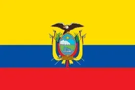 Ecuador flag with yellow, blue, and red horizontal stripes and the national coat of arms centered