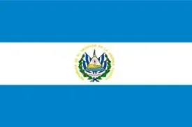 Flag of El Salvador with blue and white horizontal stripes and the national coat of arms centered.