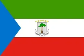 Equatorial Guinea flag with green, white, and red stripes, blue triangle, and central coat of arms