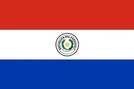 Paraguay flag with red, white, and blue horizontal stripes and a central emblem