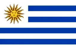 Uruguayan flag with white and blue horizontal stripes and a golden sun in the upper left corner