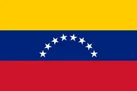Venezuela flag with yellow, blue, and red stripes and white stars in an arc on the blue band
