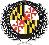 Maryland State Funeral Directors Association circular seal with black, yellow, and red heraldic design