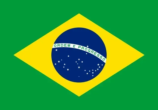 Brazilian flag: green field with yellow diamond and blue globe, inscribed “Ordem e Progresso”