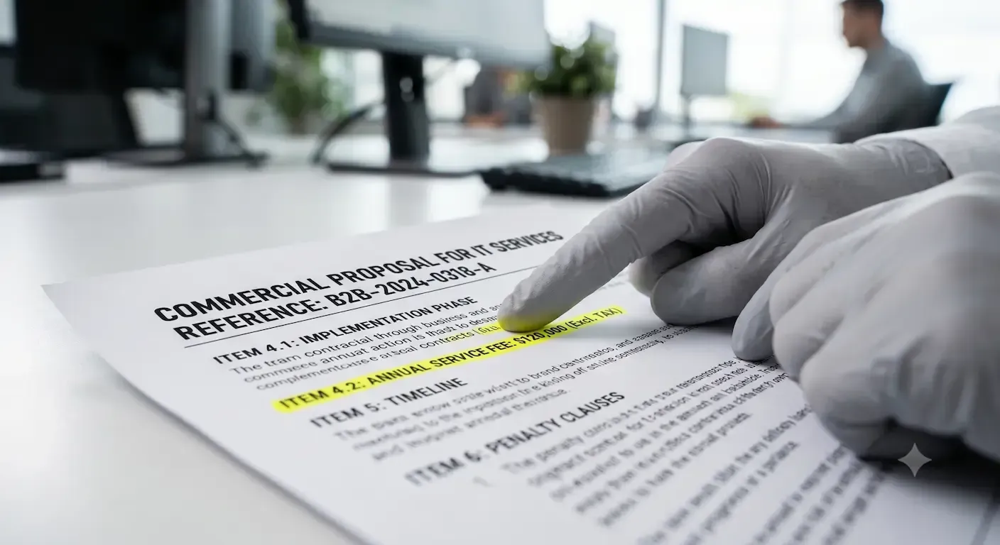Gloved hands reviewing a highlighted contract on a desk in an office