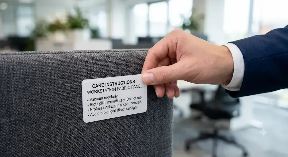 Hand holding a business card with printed text over a gray office chair in a blurred office setting