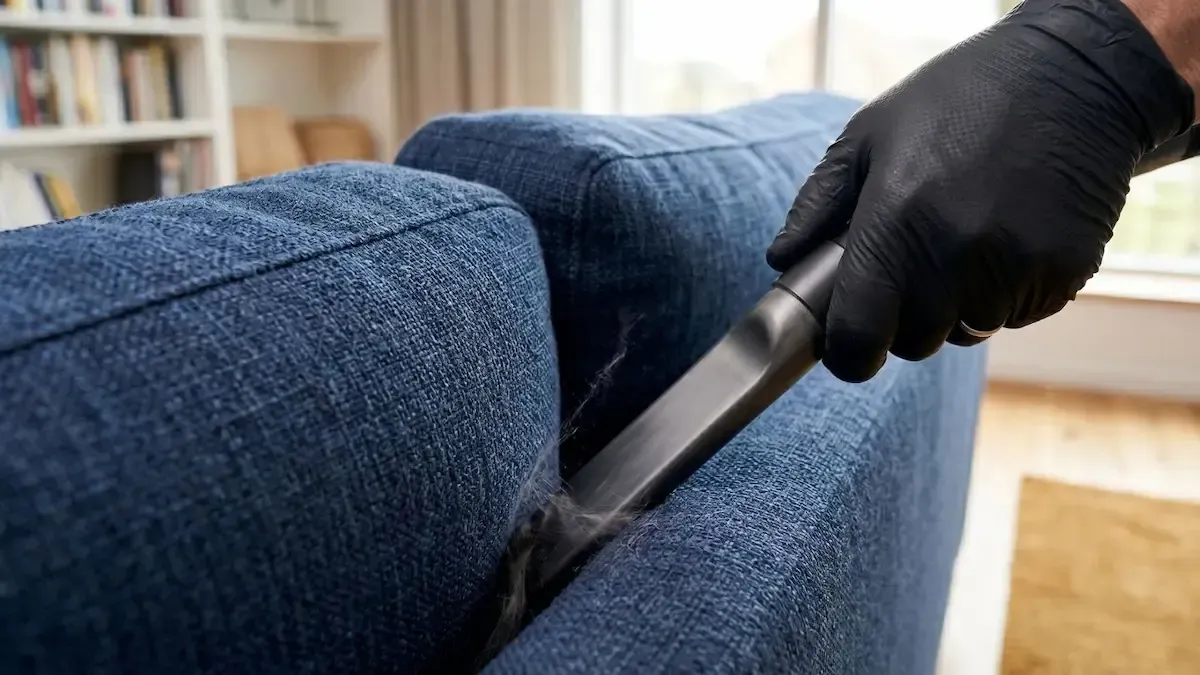Gloved hand vacuuming a blue sofa cushion close-up