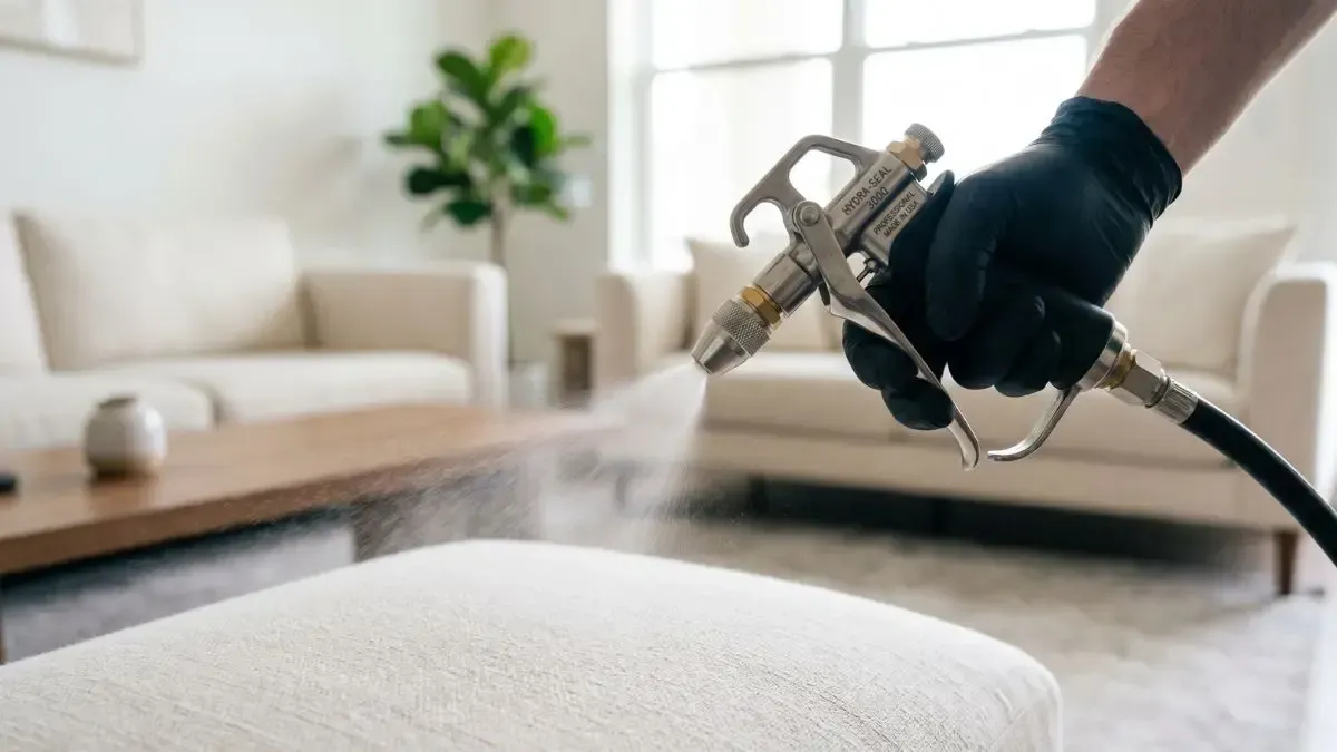 Person spray-painting a white upholstered chair in a living room with a paint gun and black glove