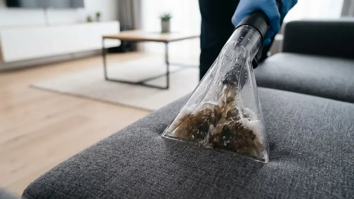 Person using a vacuum extractor to clean a gray couch stain