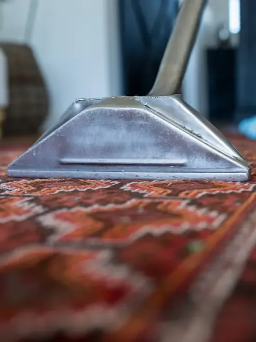 Close-up of a metal vacuum nozzle on a patterned red carpet