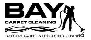 BAY Carpet Cleaning logo with black text and a silhouette of a cleaner holding a hose