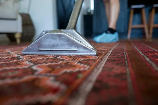 Carpet cleaner head on a patterned rug with a person standing behind it indoors