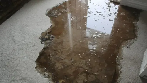 Water-damaged carpet with a large muddy brown stain and puddle reflection on the floor