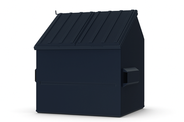 Dark blue commercial dumpster with angled lid, against a white background.
