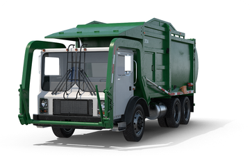 Green and white garbage truck on a white background.