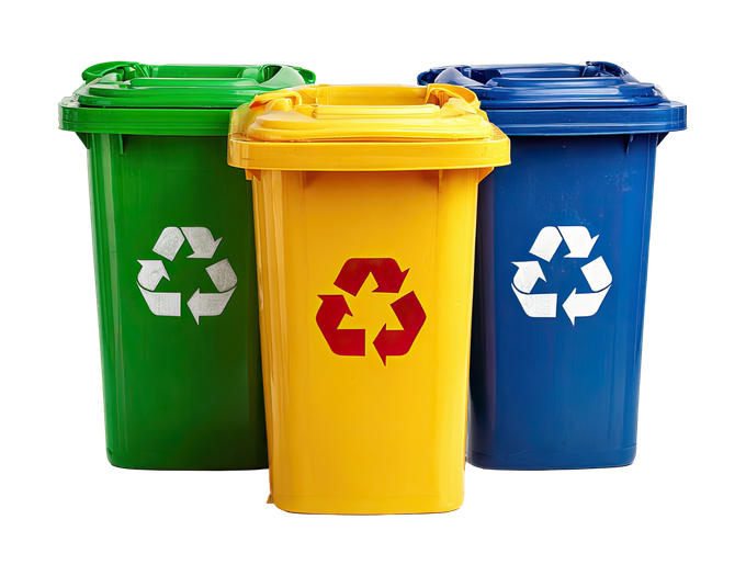 Three recycling bins: green, yellow, and blue, each with a recycling symbol.