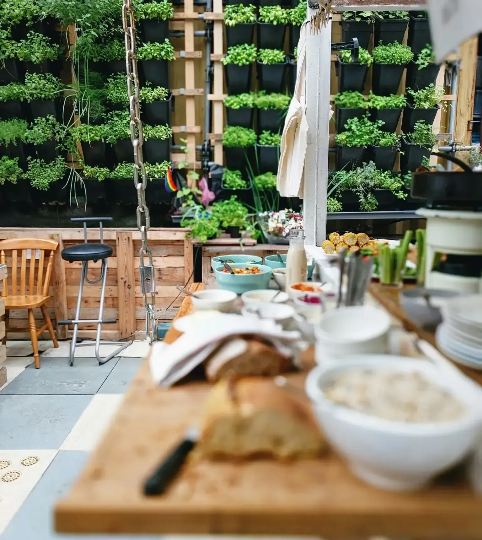 A counter full of food in a beautiful outdoor kitchen