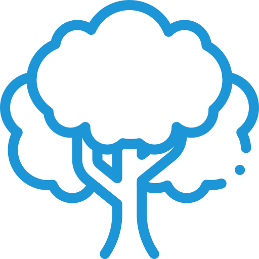 A blue line drawing of a tree with a cloud in the background.
