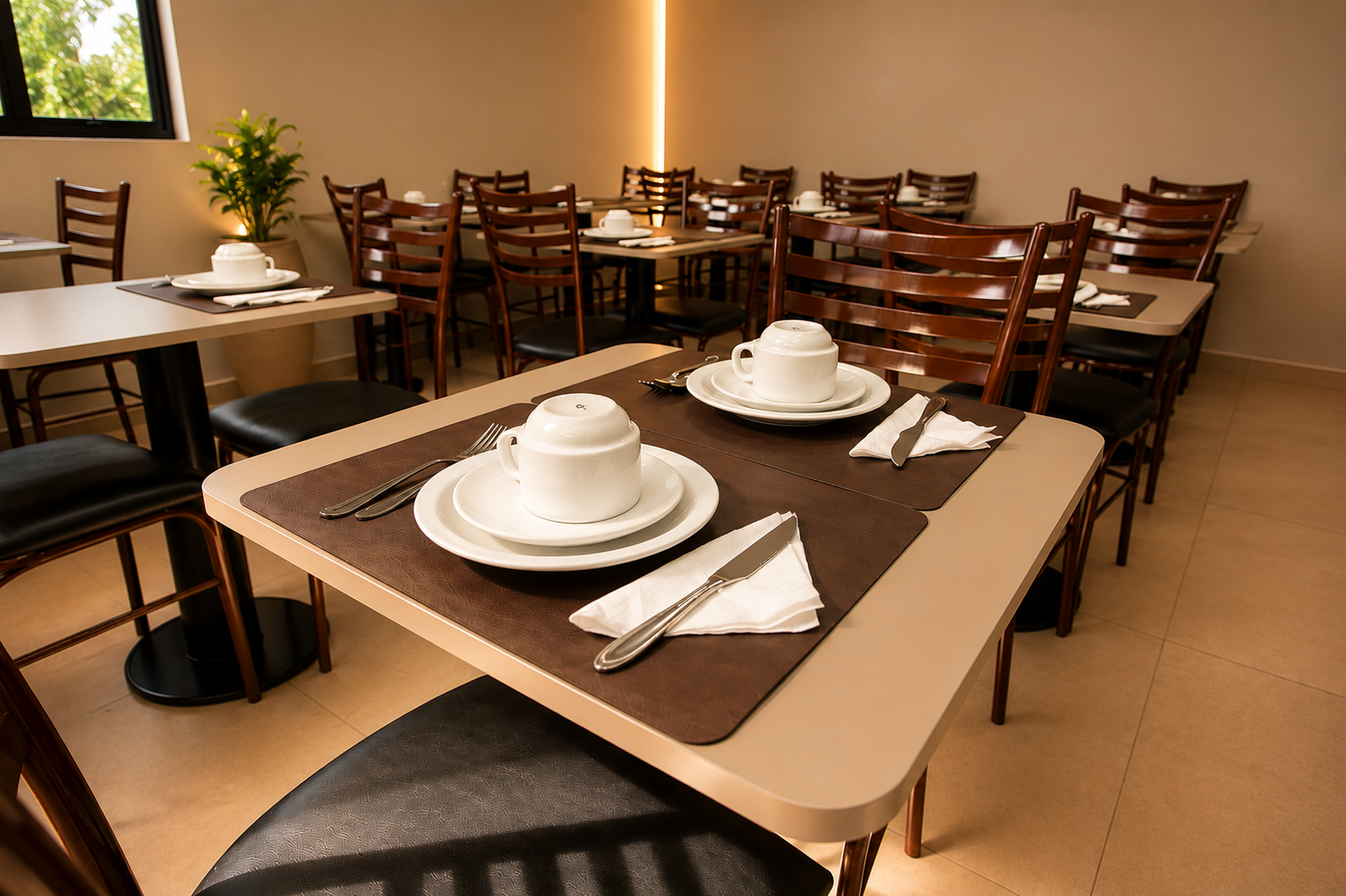 Sala de jantar tranquila de restaurante com mesas postas, louça branca e cadeiras de madeira.