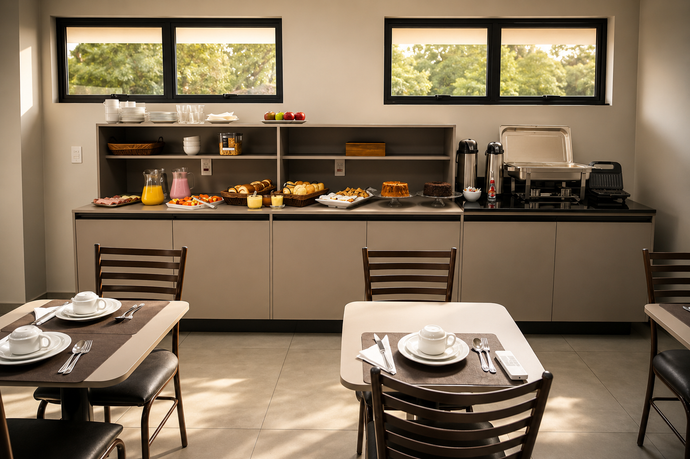 Sala de jantar com buffet, mesas postas para o café da manhã e um balcão de café junto à janela.