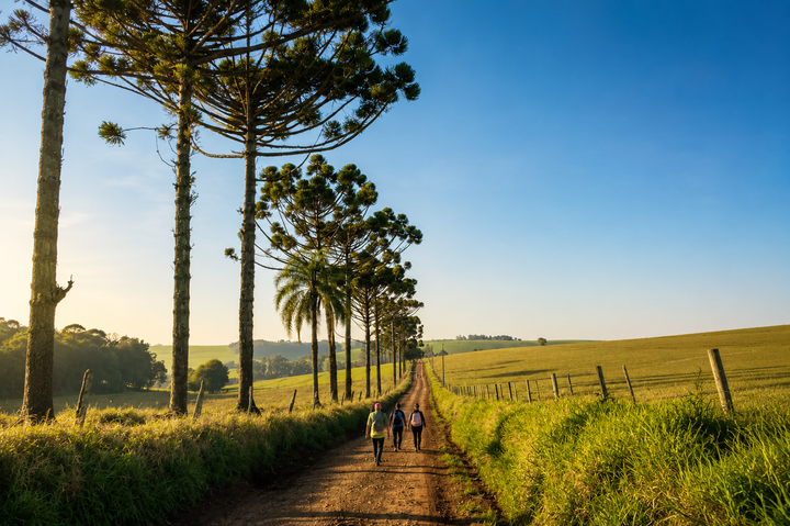 Pessoas caminhando por uma trilha de terra ao lado de árvores altas e campos verdes ao pôr do sol.