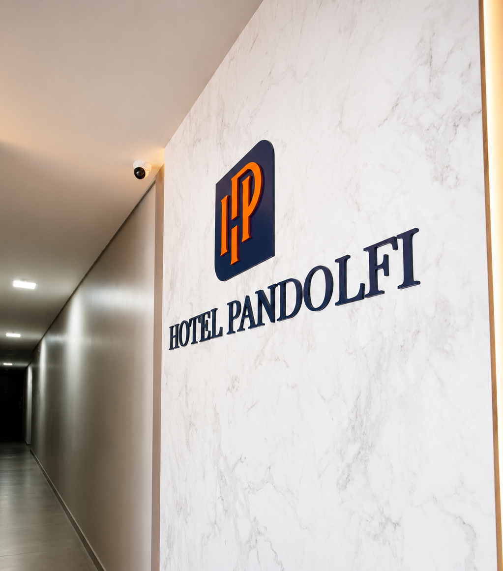 Placa do Hotel Pandolfi em uma parede de mármore branco em um corredor.