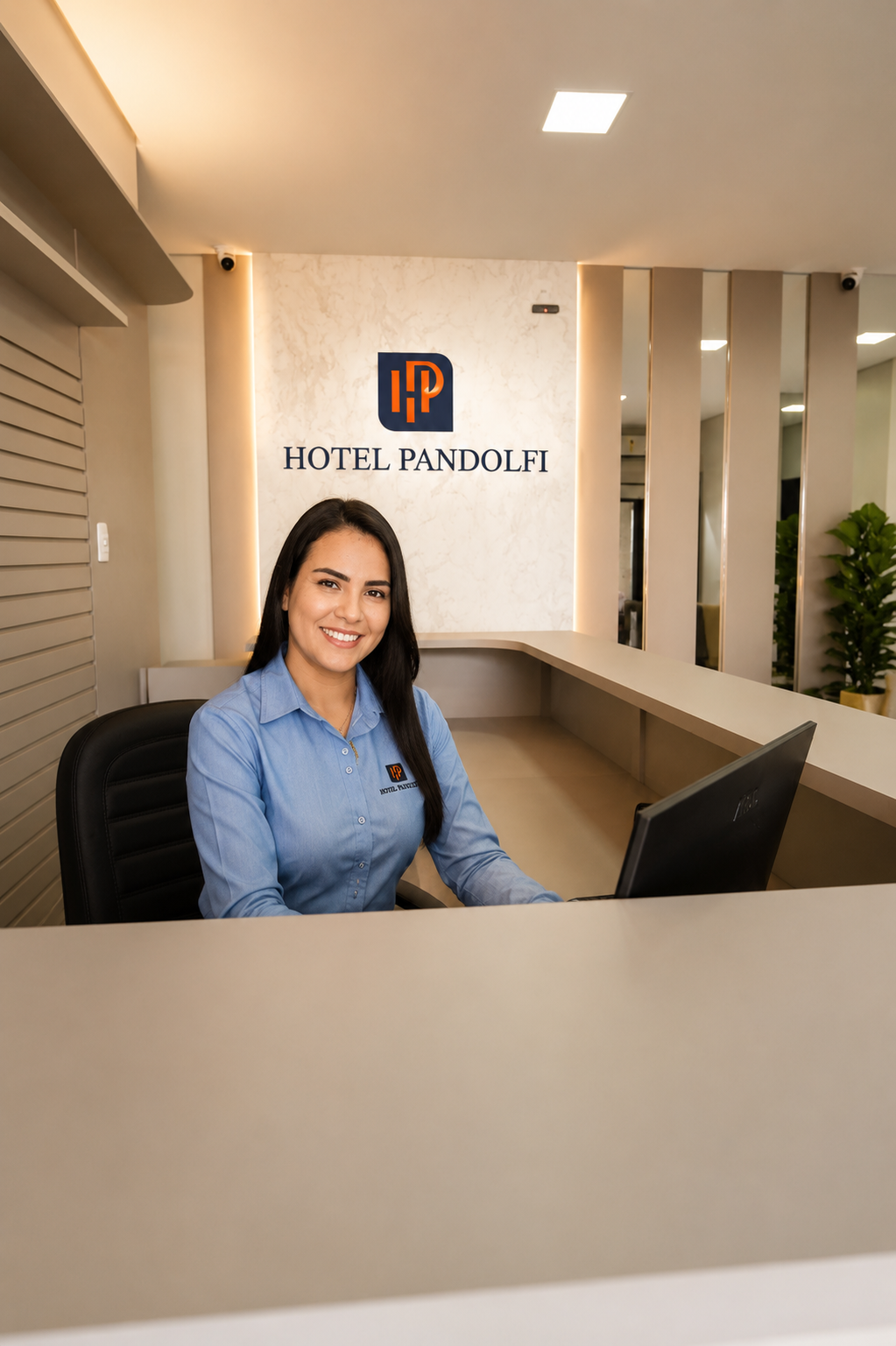 Balcão de recepção do Hotel Pandoli com recepcionista sorridente de camisa azul, interior moderno do lobby.