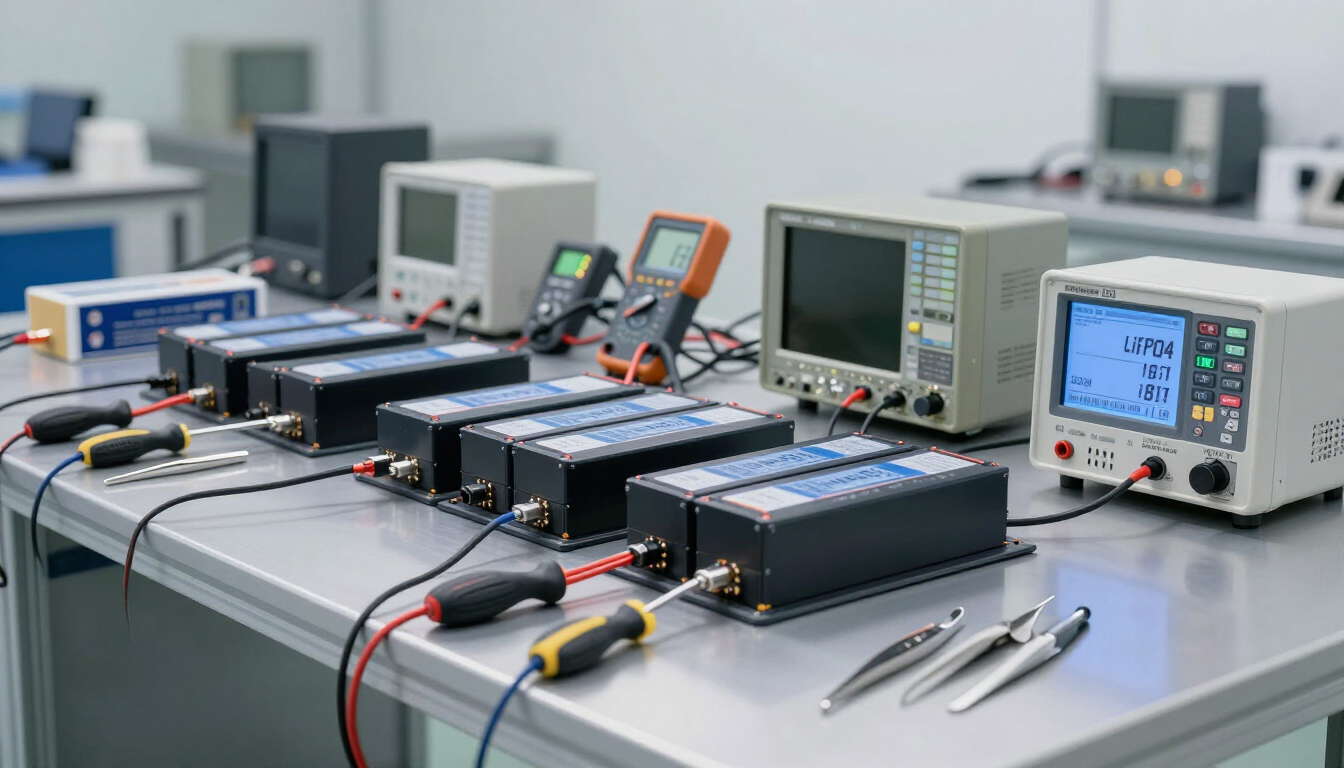 Banco de pruebas electrónicas con varios dispositivos negros, sondas y osciloscopios de laboratorio sobre una mesa de trabajo.