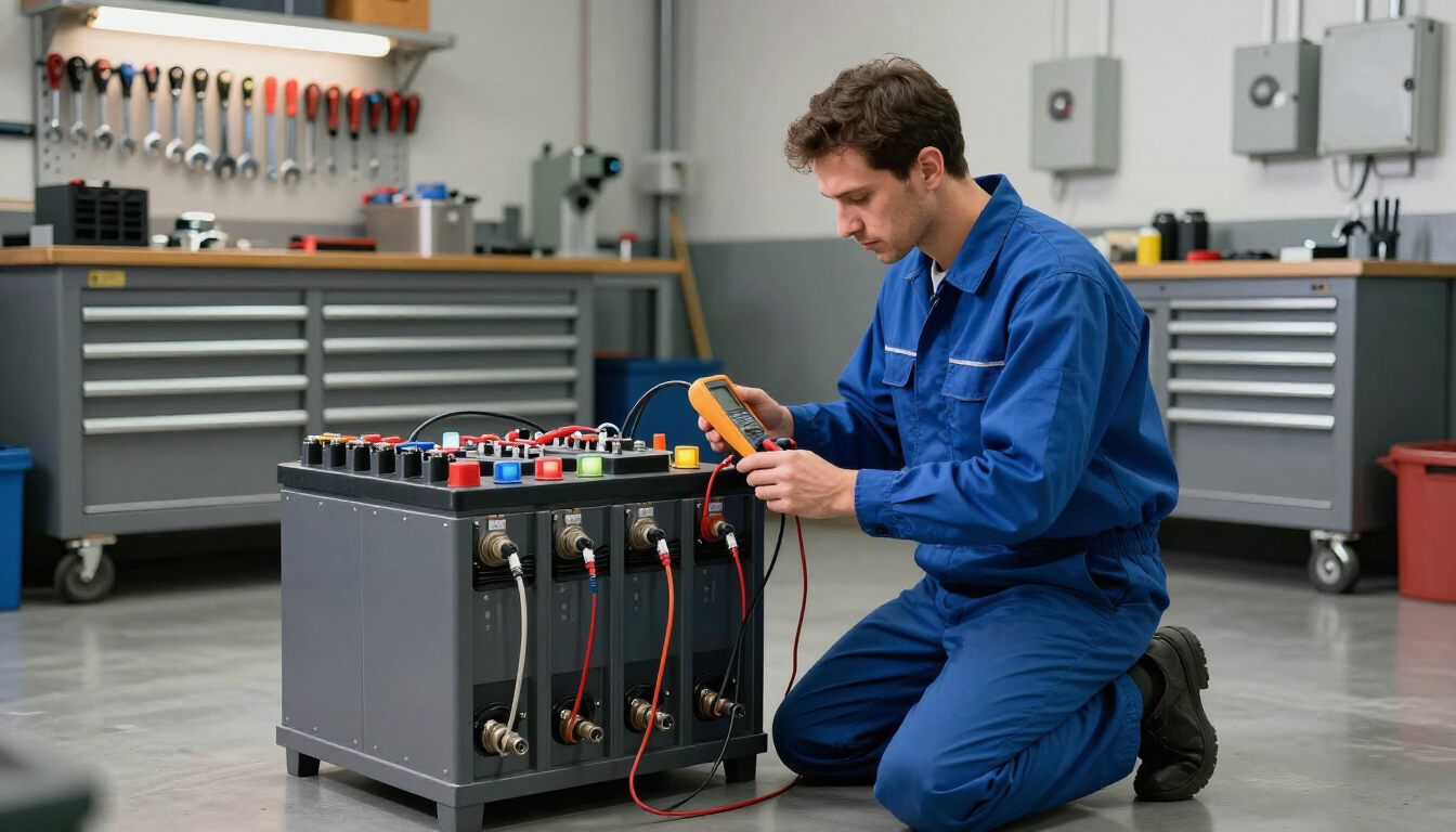 Un técnico con mono azul se arrodilla junto a un sistema de baterías para probar el cableado en un taller.