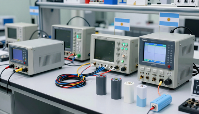 Mesa de laboratorio con varios osciloscopios, equipos de prueba, cables y componentes electrónicos.