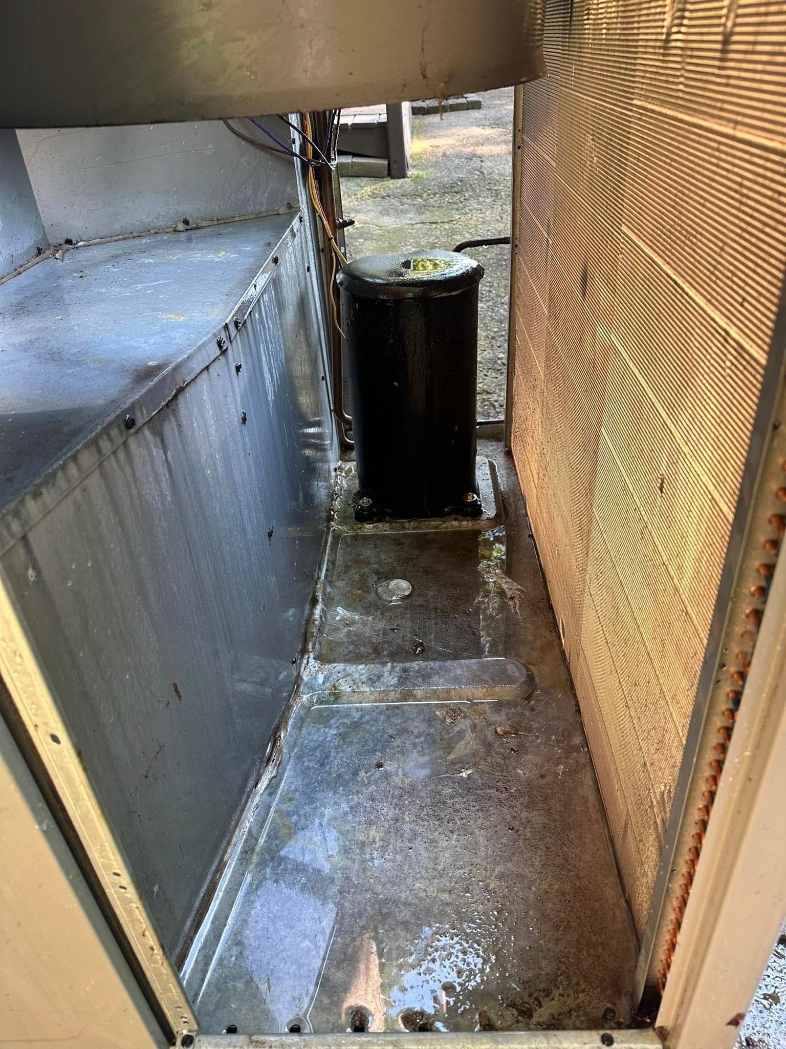 Narrow outdoor passage with wet concrete floor, a black bin, and water leaking from above onto the walkway