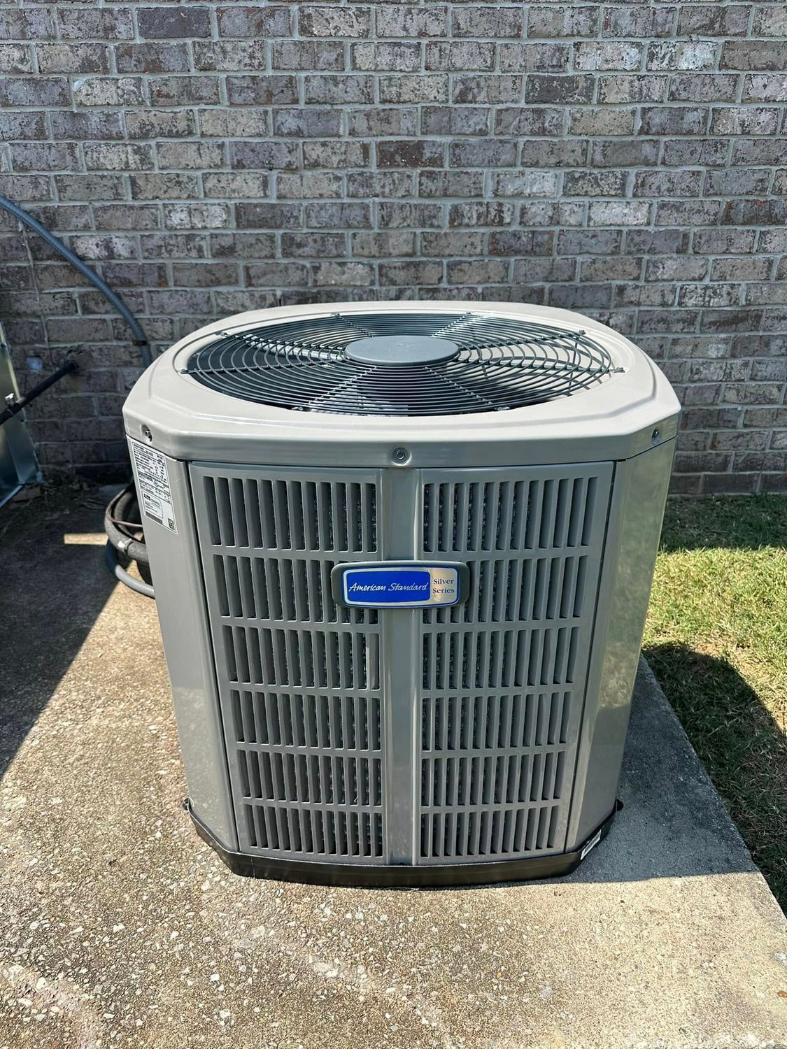Outdoor HVAC unit on a concrete pad beside a brick wall and grass.