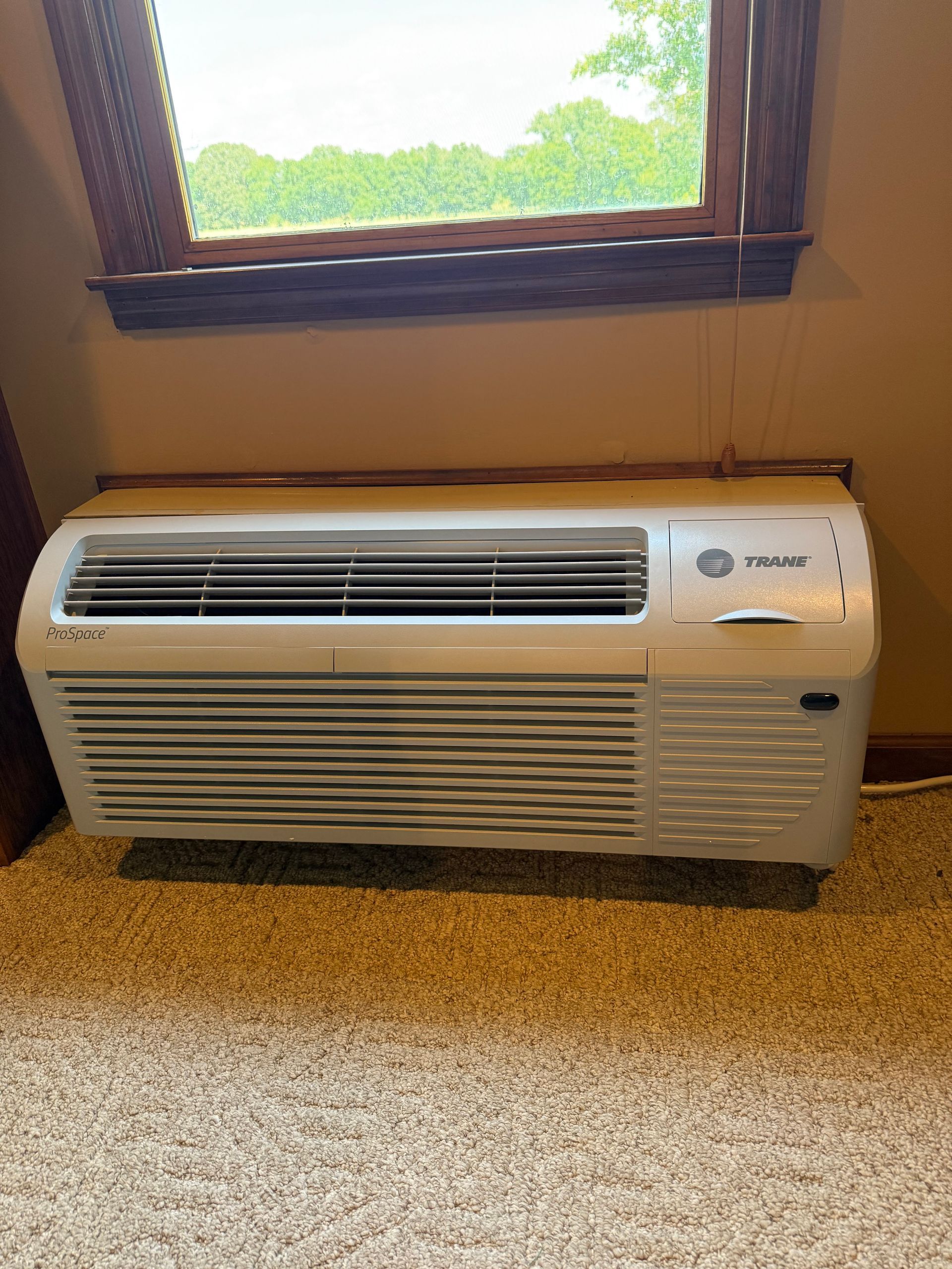 Window air conditioner under a wooden-framed window in a carpeted room.