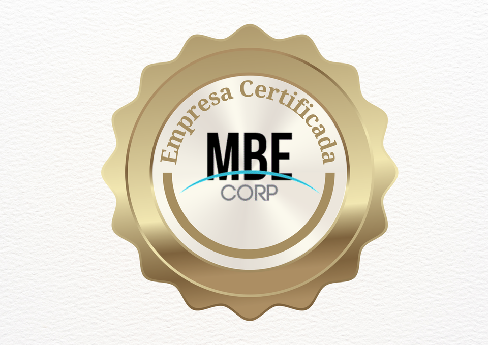 Logotipo con sello dorado que dice “Empresa Certificada MBE CORP” con un centro blanco y texto en cinta color canela.