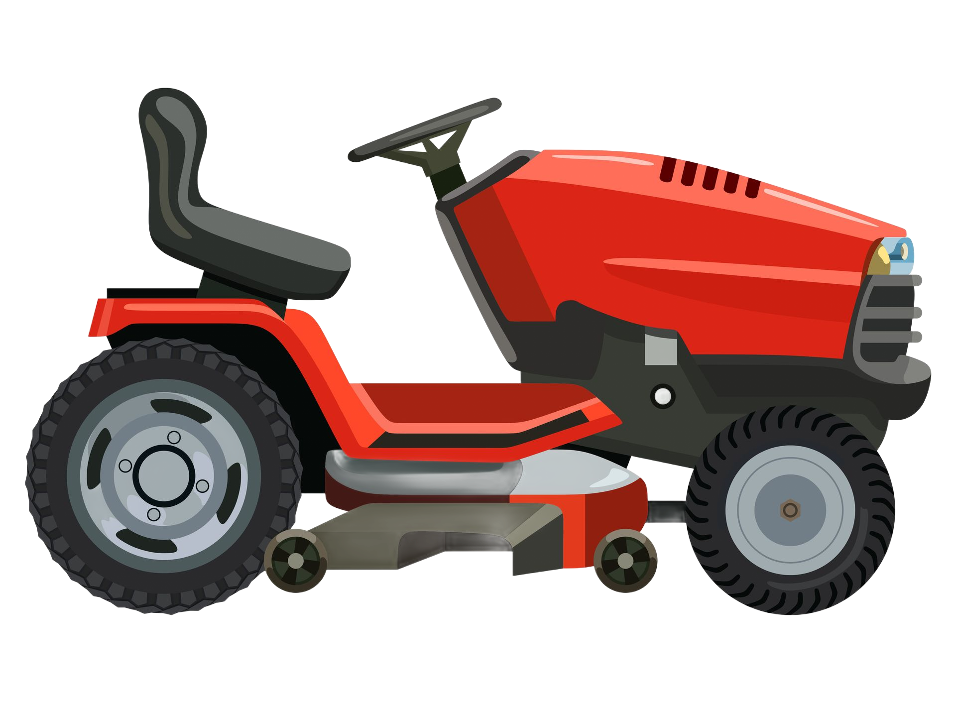 A side view of a red riding lawn mower on a white background.